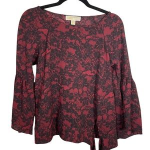 Michael By Michael Kors Lace Pattern Red Top With Bell Sleeve Accents Si…